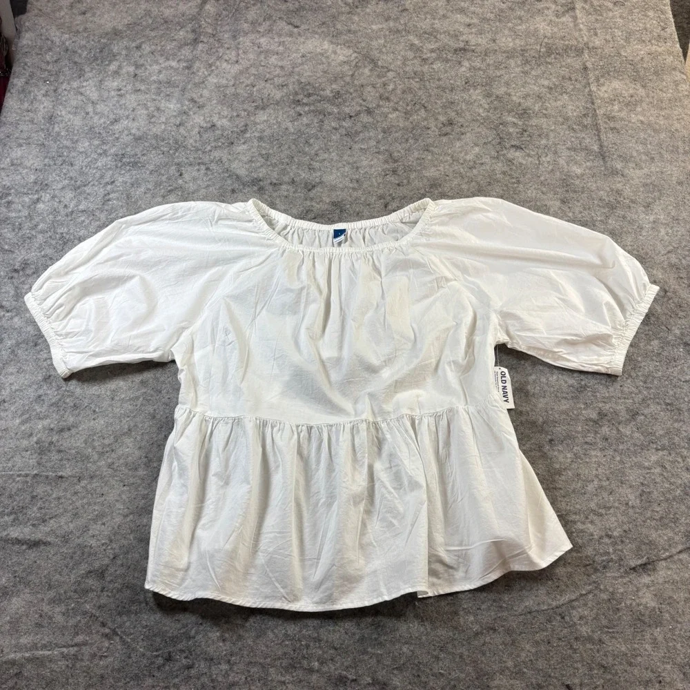 Old Navy Women's White Puff Sleeve Peplum Blouse Cut-Out Back Top Large